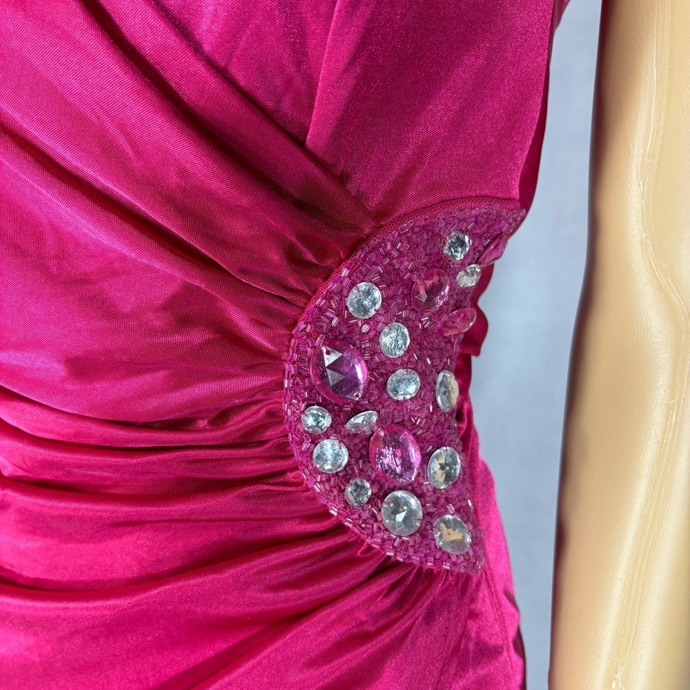 Vintage y2k Pink Satin One Shoulder Ruched Mini Dress Rhinestone Party MEDIUM - Picture 7 of 10